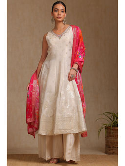 Soch - Ivory Brocade Kurta With Unstitched Sleeves, Palazzo & Dupatta With Sequins (Set of 3)