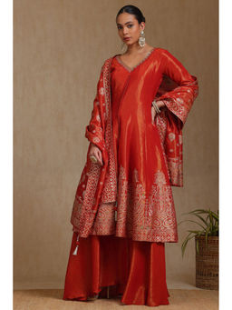 Soch - Women's Orange Tissue Zari Woven Kurta & Palazzo With Dupatta With Sequins (Set of 3)