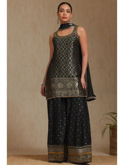 Soch - Black Brocade Kurti With Unstitched Sleeves, Palazzo & Dupatta (Set of 3)