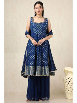 Soch - Blue Brocade Woven Kurti With Unstitched Sleeves, Palazzo & Dupatta (Set of 3)