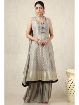 Soch - Grey Woven Kurti With Unstitched Sleeves, Palazzo & Dupatta (Set of 3)