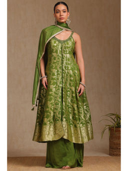Soch - Green Brocade Floral Woven Kurta With Unstitched Sleeves, Palazzo & Dupatta (Set of 3)