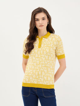 ELLE - Women Yellow Pure Cotton Collar Neck Polo T-Shirt