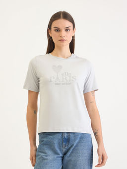 ELLE - Women Grey Cotton Crew Neck T-Shirt