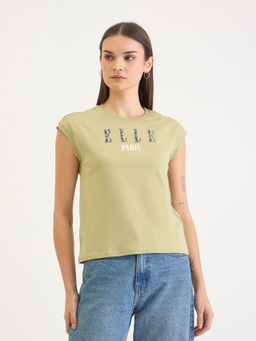 ELLE - Women Green Cotton Crew Neck T-Shirt