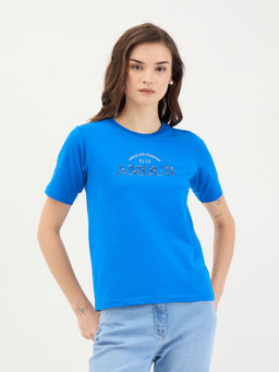 ELLE - Women Blue Pure Cotton Crew Neck T-Shirt