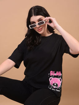 CRIMSOUNE CLUB - Women's Black Graphic Print Oversize T-Shirt