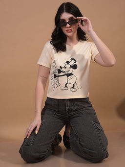 CRIMSOUNE CLUB - Women's Cream Graphic Print Cropped Oversize T-Shirt