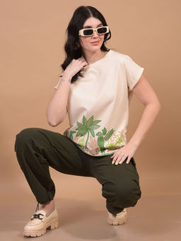 CRIMSOUNE CLUB - Women Cream Cotton Blend Round Neck T-Shirt