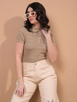 CRIMSOUNE CLUB - Women Beige Cotton Collar Neck Polo T-Shirt