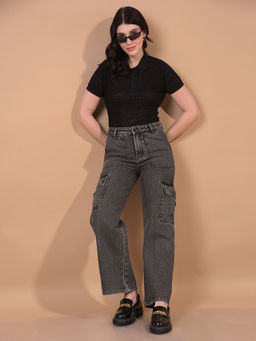 CRIMSOUNE CLUB - Women Black Cotton Collar Neck Polo T-Shirt