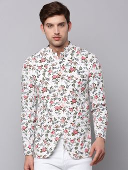 SHOWOFF - Mens Mandarin Collar Printed White Open Front Blazer