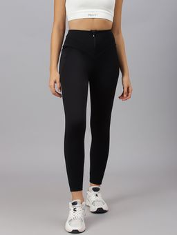 Fitkin - Women Black Front Zipper High Waist Tights