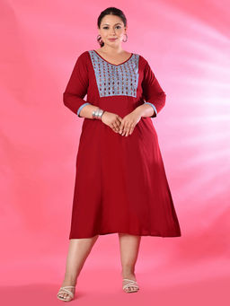 Desi Noor - Plus Size Maroon A-line Mirror Work Patch Dress