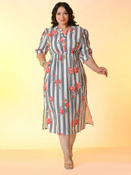 Desi Noor - Plus Size White Floral Elastic Waist Dress