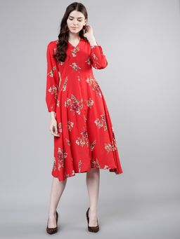 TOKYO TALKIES - Women Red Floral Print Fit and Flare Dress