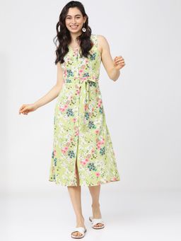 TOKYO TALKIES - Green Floral A-Line Midi Dress
