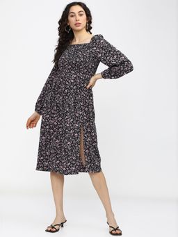 TOKYO TALKIES - Women Black and Pink Floral Square Neck A-Line Dress