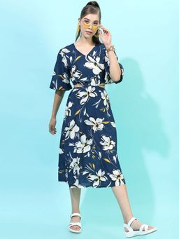TOKYO TALKIES - Blue Floral Midi Cutout Dress