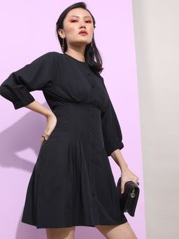 TOKYO TALKIES - Round Neck Knife Pleats Shirt Style Dress