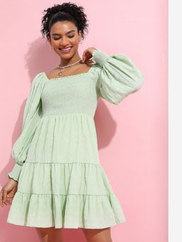 TOKYO TALKIES - Smocked Puff Sleeve Tiered Fit and Flare Dress
