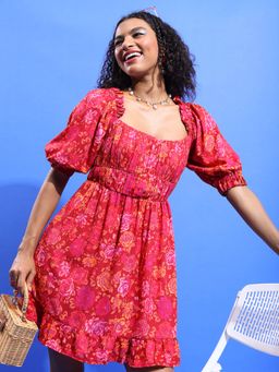 TOKYO TALKIES - Floral Printed Puff Sleeve Fit and Flare Dress