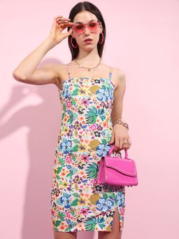 TOKYO TALKIES - Beige, Blue and Green Floral Printed Sleeveless Sheath Dress
