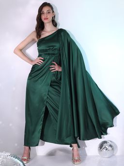 TOKYO TALKIES - Green One Shoulder Gathered or Pleated Satin Wrap Hem Dress