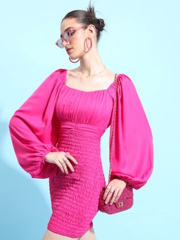 TOKYO TALKIES - Pink Square Neck Puff Sleeve Smocked Bodycon Dress