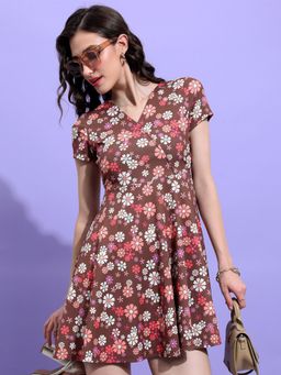 TOKYO TALKIES - Brown Floral Printed V-Neck Gathered Fit and Flare Mini Dress