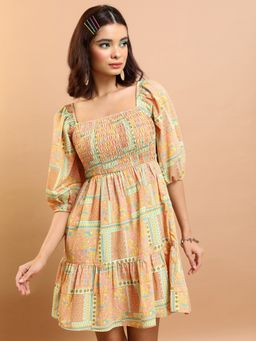 TOKYO TALKIES - Peach-Coloured Floral Print Puff Sleeve Fit and Flare Dress