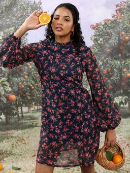 TOKYO TALKIES - Teal Floral Printed High Neck Puff Sleeves A-Line Dress