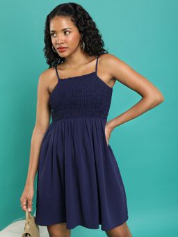 TOKYO TALKIES - Navy Blue Shoulder Straps Smocked Fit and Flare Dress