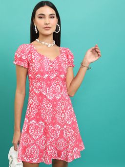 TOKYO TALKIES - Pink Ethnic Motifs Printed Puff Sleeves A-Line Dress