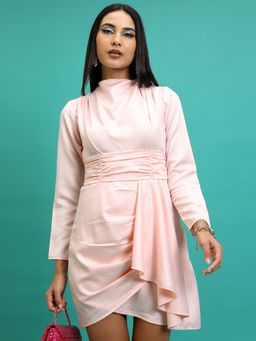 TOKYO TALKIES - Pink Gathered Detailed High Neck Fit and Flare Dress