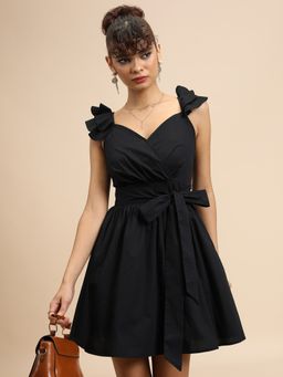 TOKYO TALKIES - Black Pleated Ruffled Tie Up Fit and Flare Dress