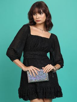 TOKYO TALKIES - Black Self Design Party Mini Dress