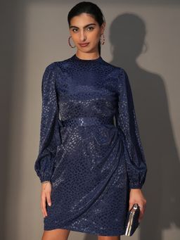 TOKYO TALKIES - Navy Blue Mock Neck Self Design Puff Sleeves Sheath Dress