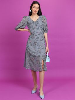 TOKYO TALKIES - Grey Floral Printed Ruched A-Line Midi Dress