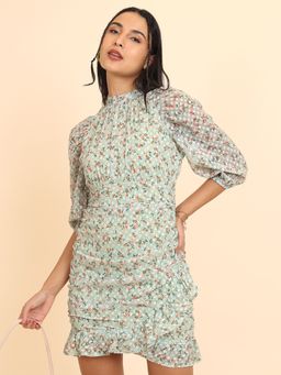 TOKYO TALKIES - Green Floral Printed High Neck Mini Sheath Dress