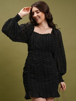 TOKYO TALKIES - Black Self Design Ruched Smocked Sheath Dress