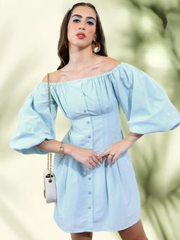 TOKYO TALKIES - Blue Off-Shoulder Puff Sleeves Gathered A-Line Dress
