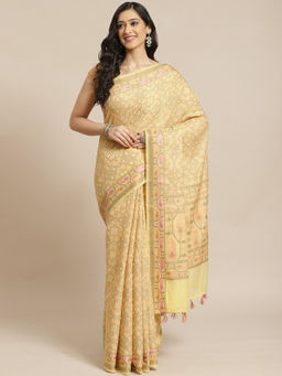 Indethnic - Banarasi Yellow Woven Design Work Wear Saree With Unstitched Blouse