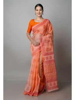 Unnati Silks - Orange Pure Block Printed Kota Cotton Saree with Unstitched Blouse