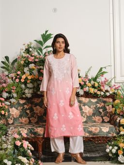 Gahan - Womens Peach Rayon Lucknowi Chikankari Embroidered Kurta