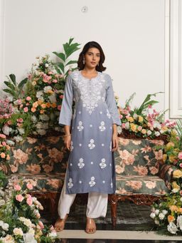 Gahan - Womens Grey Lucknowi Chikankari Embroidered Kurta