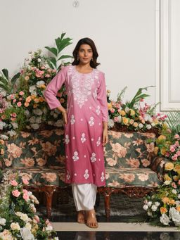 Gahan - Womens Burgundy Lucknowi Chikankari Embroidered Kurta