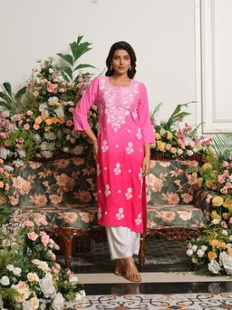 Gahan - Womens Pink Straight Rayon Lucknowi Chikankari Embroidery Kurta