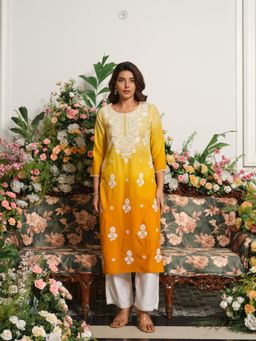 Gahan - Womens Mustard Straight Rayon Lucknowi Chikankari Embroidery Kurta