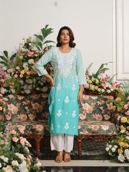 Gahan - Womens Blue Straight Rayon Lucknowi Chikankari Embroidery Kurta